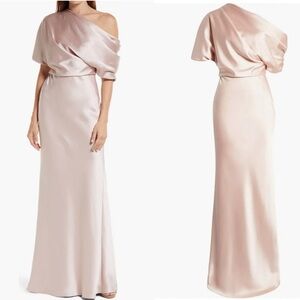 Amsale Pryce Off-Shoulder Satin Column Gown Rose Quartz Pink